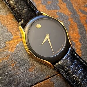 Movado Black Dial Gold-Tone Case Leather Strap Watch 88-64-860N